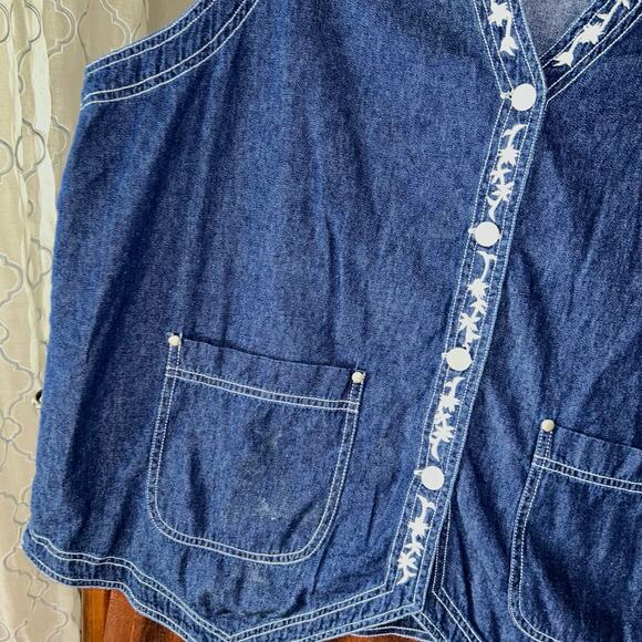 Vintage 90s Carole Little Vest Women Blue Denim embroidered Western Top 16W - Picture 3 of 9